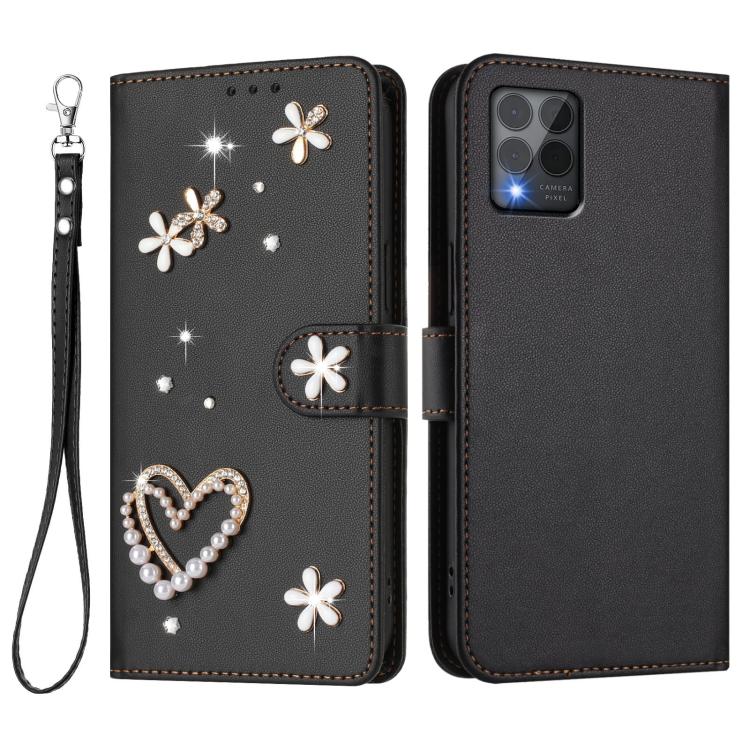 For T-Mobile Revvl 6 Pro 5G / 6x Pro 5G ZS01 Double-Layer Heart Floral Vegan Leather Phone Case with Wrist Strap