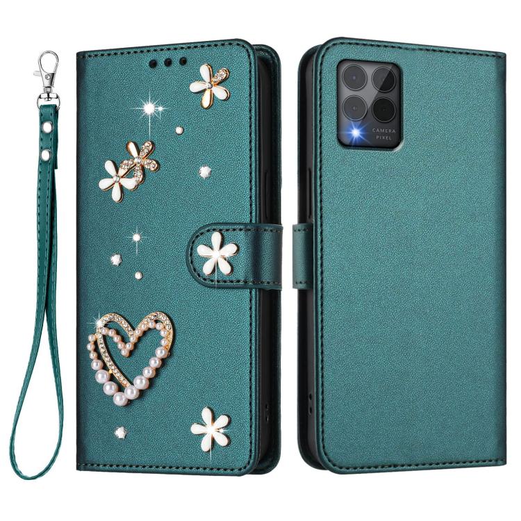 For T-Mobile Revvl 6 Pro 5G / 6x Pro 5G ZS01 Double-Layer Heart Floral Vegan Leather Phone Case with Wrist Strap