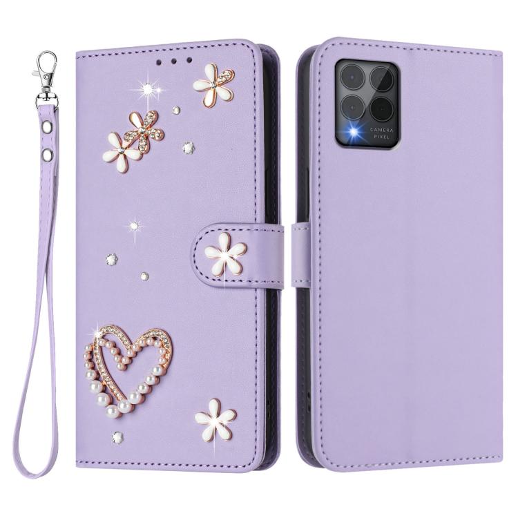 For T-Mobile Revvl 6 Pro 5G / 6x Pro 5G ZS01 Double-Layer Heart Floral Vegan Leather Phone Case with Wrist Strap