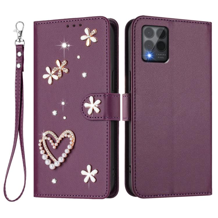 For T-Mobile Revvl 6 Pro 5G / 6x Pro 5G ZS01 Double-Layer Heart Floral Vegan Leather Phone Case with Wrist Strap