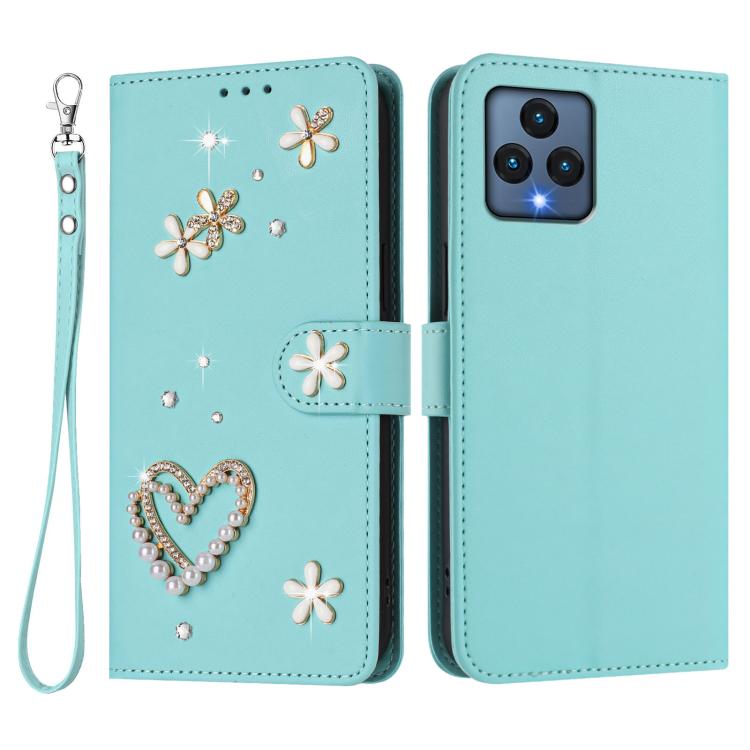 For T-Mobile Revvl 6 / 6x / T Phone 5G ZS01 Double-Layer Heart Floral Vegan Leather Phone Case with Wrist Strap