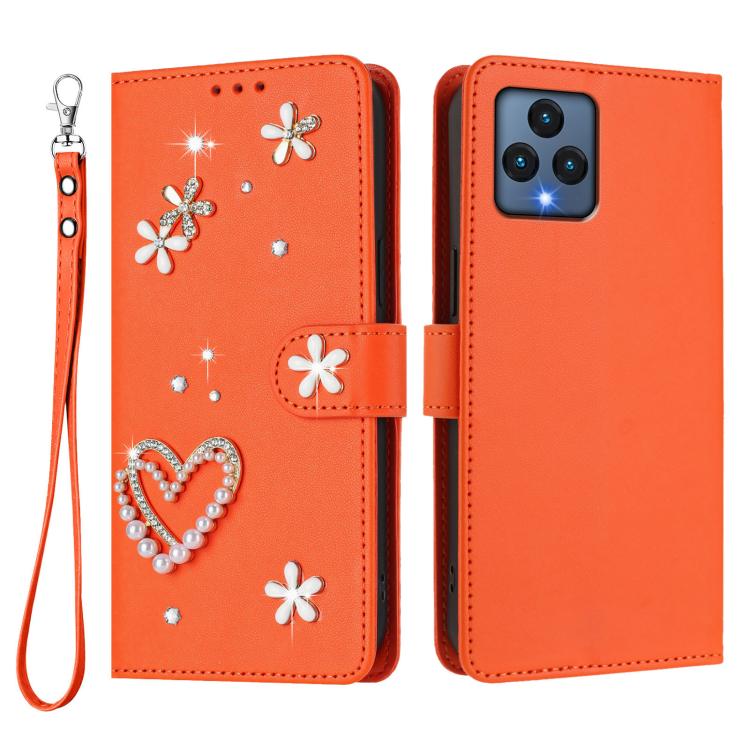 For T-Mobile Revvl 6 / 6x / T Phone 5G ZS01 Double-Layer Heart Floral Vegan Leather Phone Case with Wrist Strap