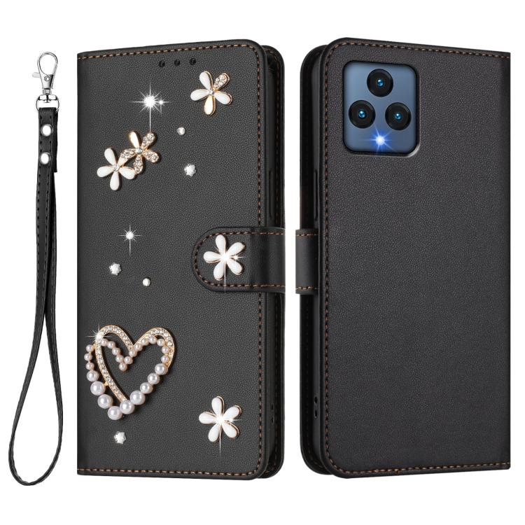 For T-Mobile Revvl 6 / 6x / T Phone 5G ZS01 Double-Layer Heart Floral Vegan Leather Phone Case with Wrist Strap
