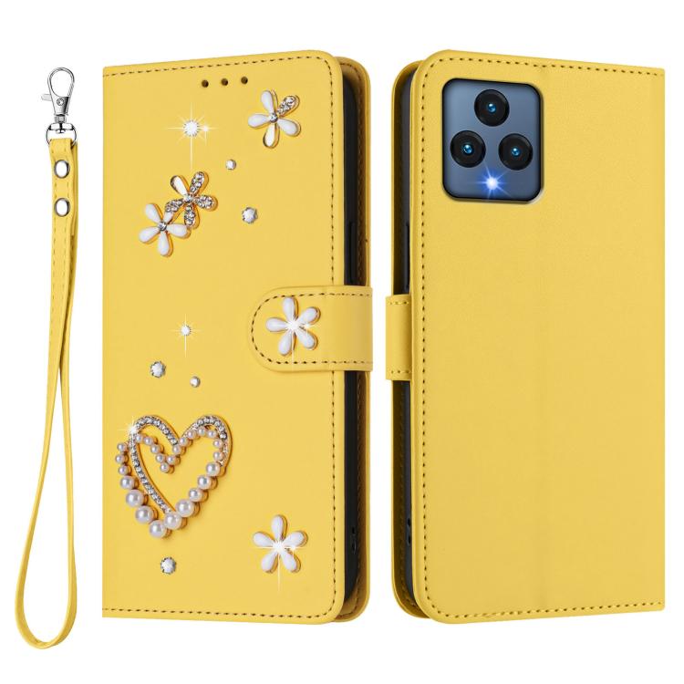 For T-Mobile Revvl 6 / 6x / T Phone 5G ZS01 Double-Layer Heart Floral Vegan Leather Phone Case with Wrist Strap