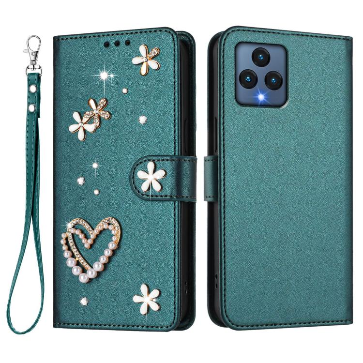 For T-Mobile Revvl 6 / 6x / T Phone 5G ZS01 Double-Layer Heart Floral Vegan Leather Phone Case with Wrist Strap