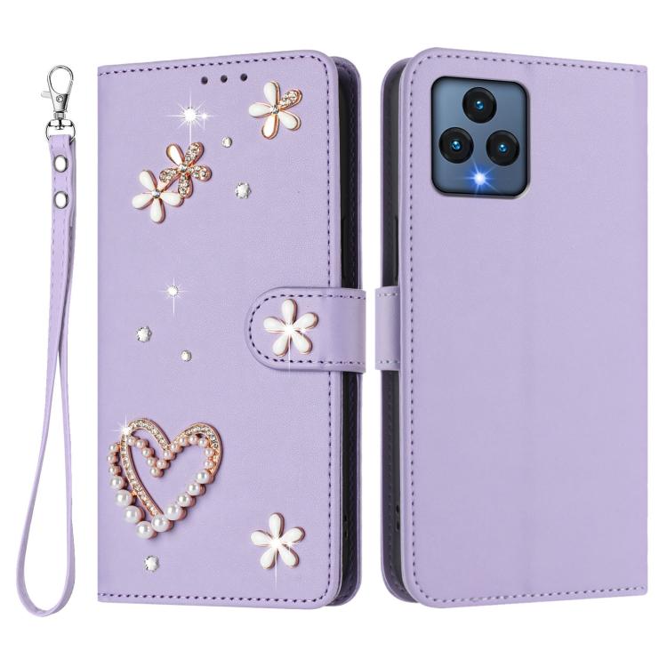 For T-Mobile Revvl 6 / 6x / T Phone 5G ZS01 Double-Layer Heart Floral Vegan Leather Phone Case with Wrist Strap