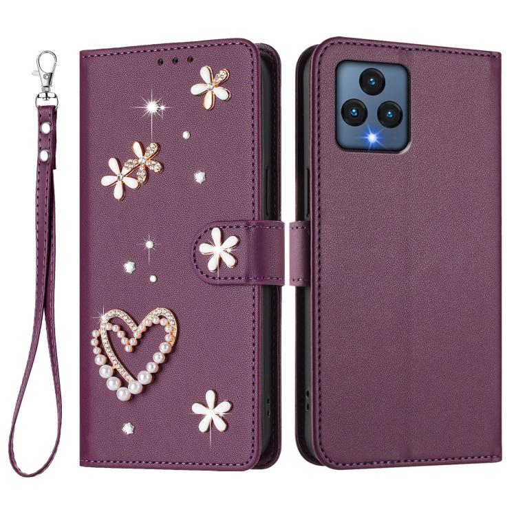 For T-Mobile Revvl 6 / 6x / T Phone 5G ZS01 Double-Layer Heart Floral Vegan Leather Phone Case with Wrist Strap