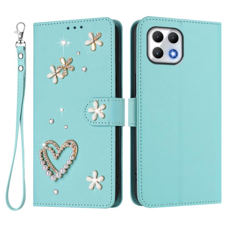 For T-Mobile Revvl 7 5G ZS01 Double-Layer Heart Floral Vegan Leather Phone Case with Wrist Strap