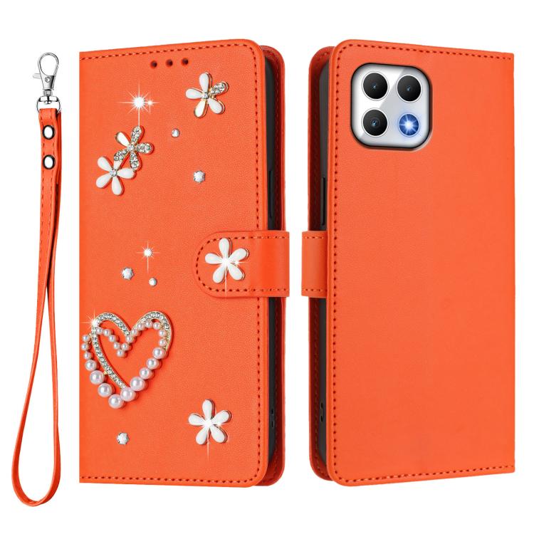 For T-Mobile Revvl 7 5G ZS01 Double-Layer Heart Floral Vegan Leather Phone Case with Wrist Strap