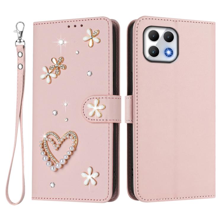 For T-Mobile Revvl 7 5G ZS01 Double-Layer Heart Floral Vegan Leather Phone Case with Wrist Strap