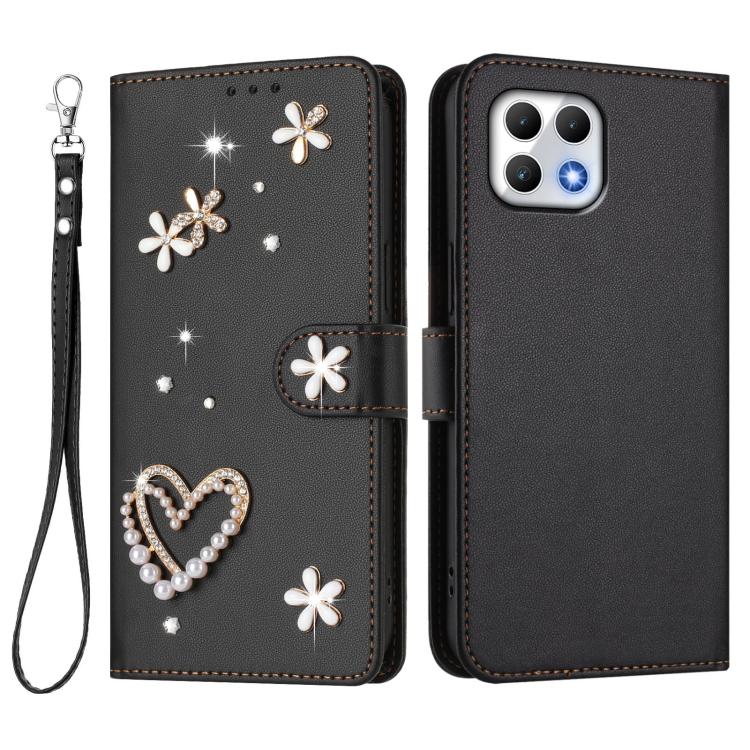 For T-Mobile Revvl 7 5G ZS01 Double-Layer Heart Floral Vegan Leather Phone Case with Wrist Strap