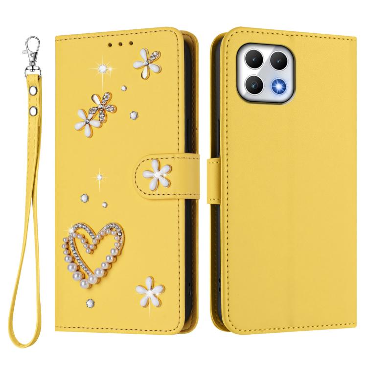 For T-Mobile Revvl 7 5G ZS01 Double-Layer Heart Floral Vegan Leather Phone Case with Wrist Strap