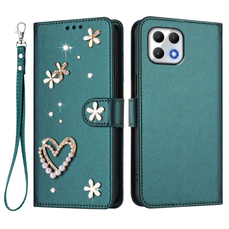 For T-Mobile Revvl 7 5G ZS01 Double-Layer Heart Floral Vegan Leather Phone Case with Wrist Strap