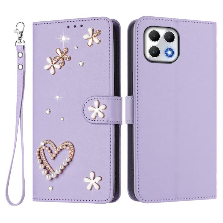 For T-Mobile Revvl 7 5G ZS01 Double-Layer Heart Floral Vegan Leather Phone Case with Wrist Strap