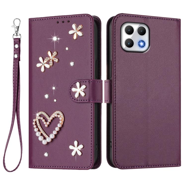 For T-Mobile Revvl 7 5G ZS01 Double-Layer Heart Floral Vegan Leather Phone Case with Wrist Strap