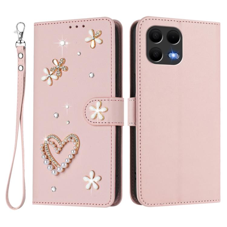For T-Mobile Revvl 8 Pro 5G ZS01 Double-Layer Heart Floral Vegan Leather Phone Case with Wrist Strap
