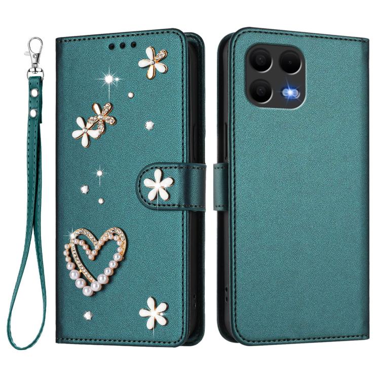 For T-Mobile Revvl 8 Pro 5G ZS01 Double-Layer Heart Floral Vegan Leather Phone Case with Wrist Strap