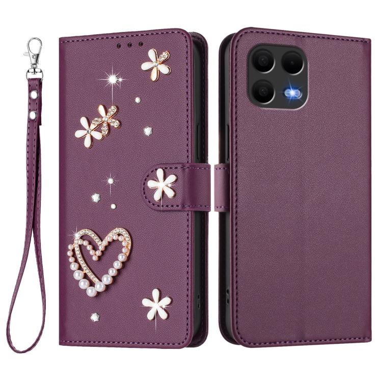 For T-Mobile Revvl 8 Pro 5G ZS01 Double-Layer Heart Floral Vegan Leather Phone Case with Wrist Strap