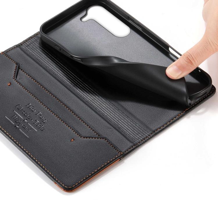 For Samsung Galaxy S23 5G Dierfeng Splicing Strong Magnetic RFID Vegan Leather Phone Case