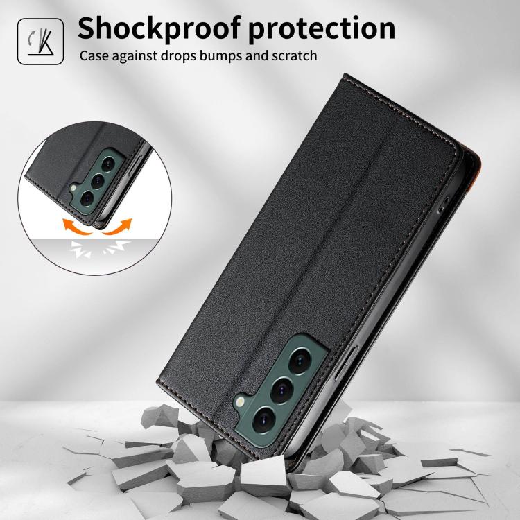 For Samsung Galaxy S22+ 5G Dierfeng Splicing Strong Magnetic RFID Vegan Leather Phone Case