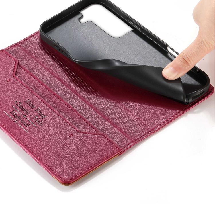 For Samsung Galaxy S21 FE 5G Dierfeng Splicing Strong Magnetic RFID Vegan Leather Phone Case