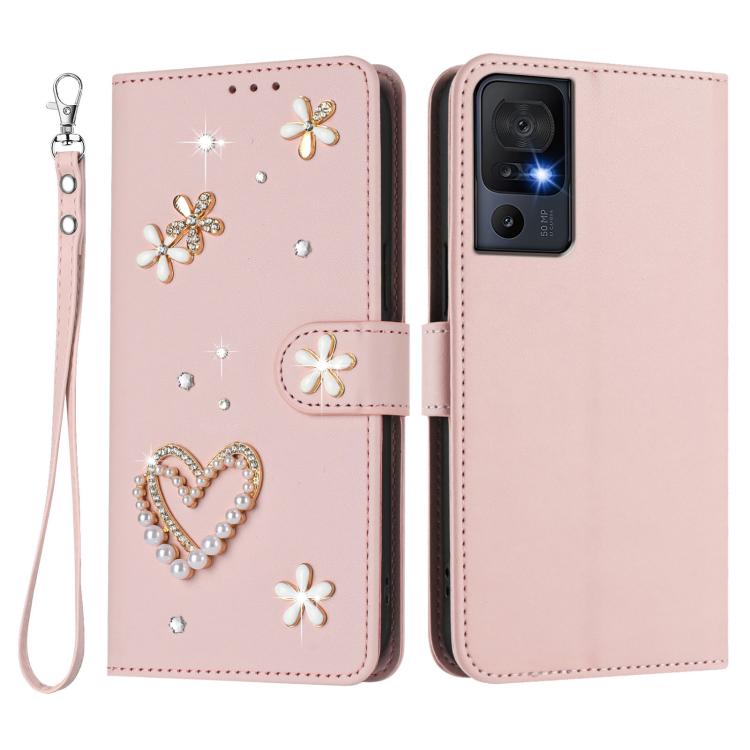 For TCL 40 SE ZS01 Double-Layer Heart Floral Vegan Leather Phone Case with Wrist Strap