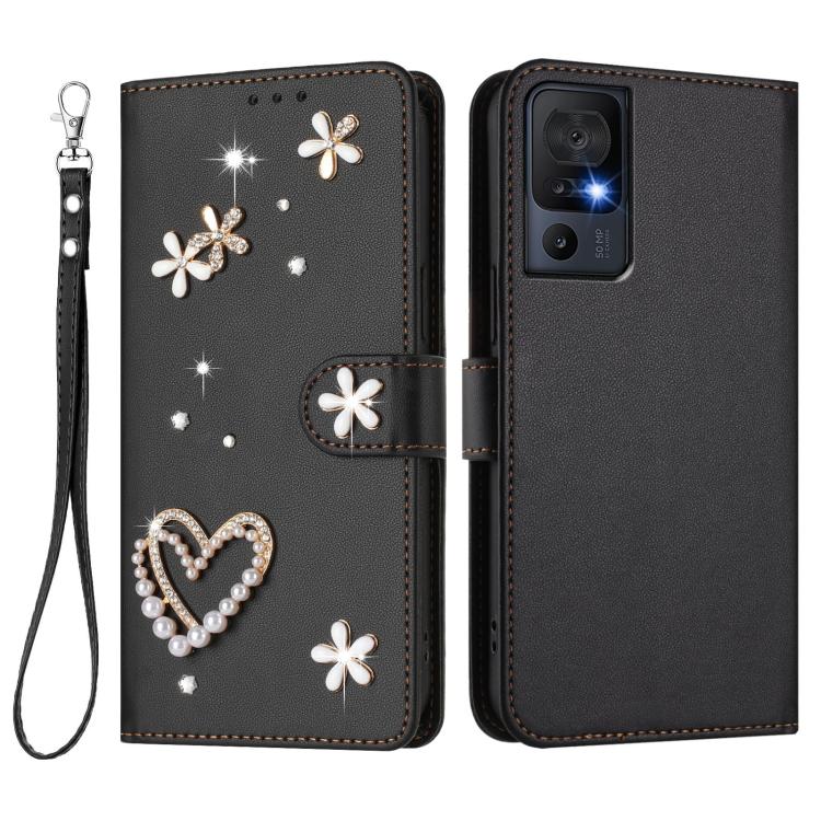 For TCL 40 SE ZS01 Double-Layer Heart Floral Vegan Leather Phone Case with Wrist Strap