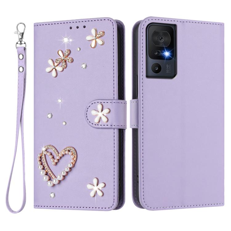 For TCL 40 SE ZS01 Double-Layer Heart Floral Vegan Leather Phone Case with Wrist Strap