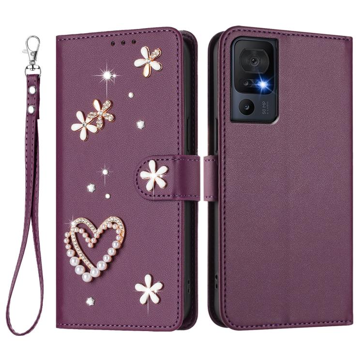 For TCL 40 SE ZS01 Double-Layer Heart Floral Vegan Leather Phone Case with Wrist Strap