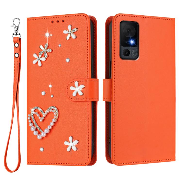 For TCL 40 XL / 40 T T608DL ZS01 Double-Layer Heart Floral Vegan Leather Phone Case with Wrist Strap