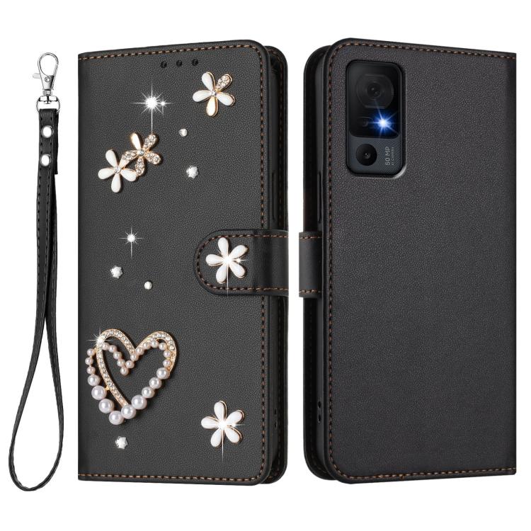 For TCL 40 XL / 40 T T608DL ZS01 Double-Layer Heart Floral Vegan Leather Phone Case with Wrist Strap