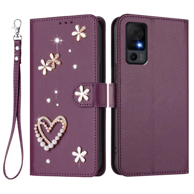 For TCL 40 XL / 40 T T608DL ZS01 Double-Layer Heart Floral Vegan Leather Phone Case with Wrist Strap