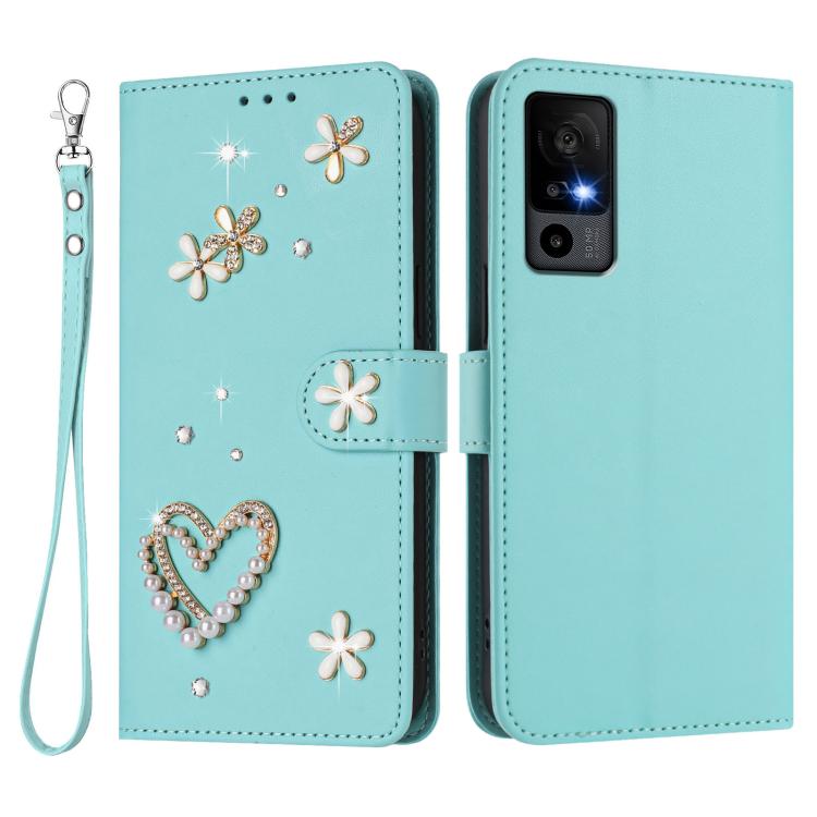 For TCL 40 R 5G / Sharp Aquos V6 ZS01 Double-Layer Heart Floral Vegan Leather Phone Case with Wrist Strap