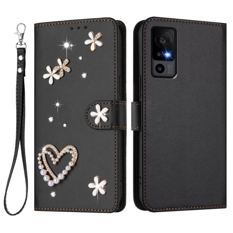For TCL 40 R 5G / Sharp Aquos V6 ZS01 Double-Layer Heart Floral Vegan Leather Phone Case with Wrist Strap
