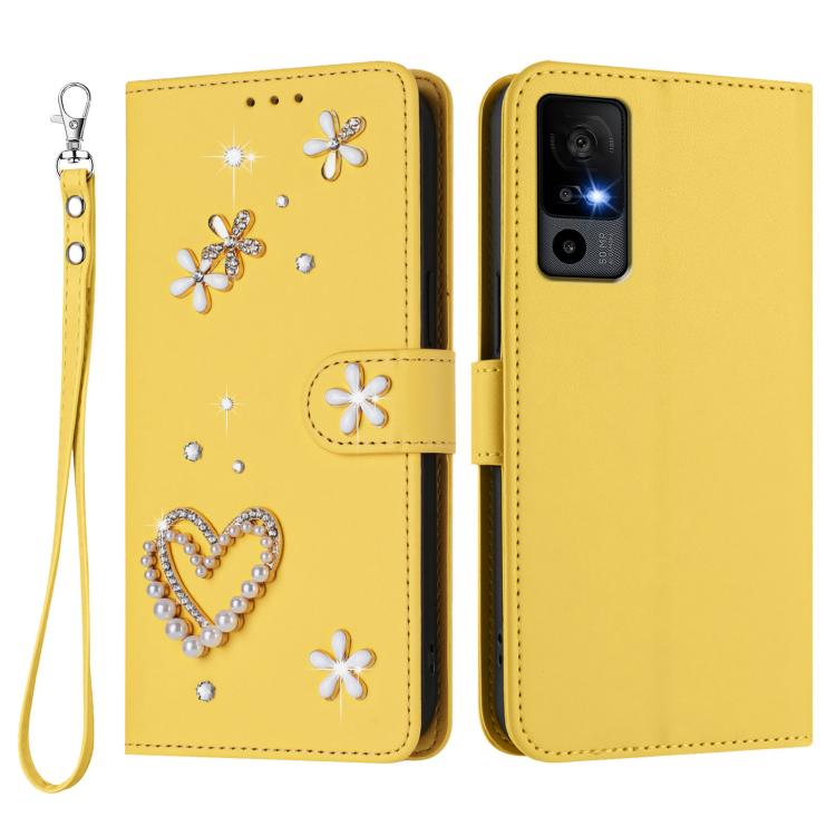 For TCL 40 R 5G / Sharp Aquos V6 ZS01 Double-Layer Heart Floral Vegan Leather Phone Case with Wrist Strap