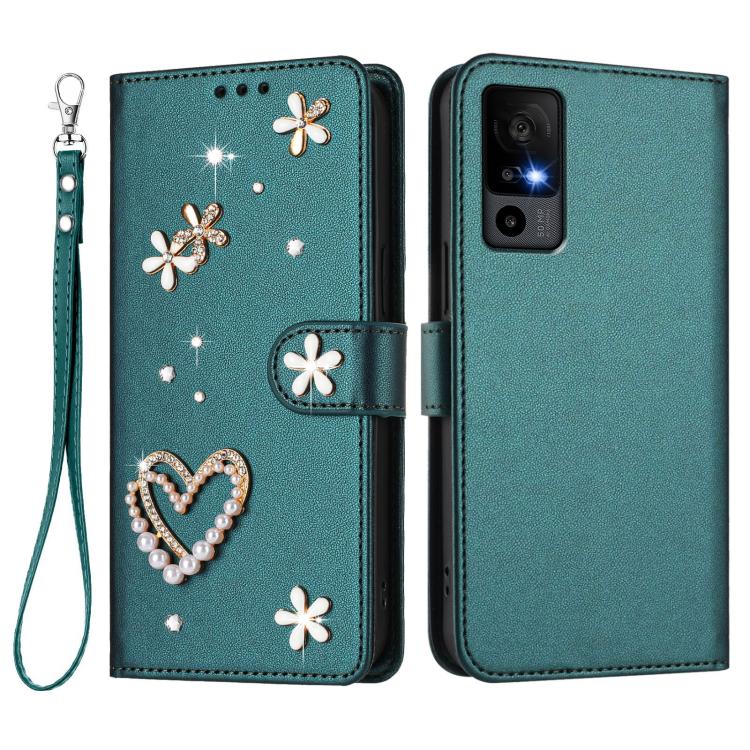 For TCL 40 R 5G / Sharp Aquos V6 ZS01 Double-Layer Heart Floral Vegan Leather Phone Case with Wrist Strap