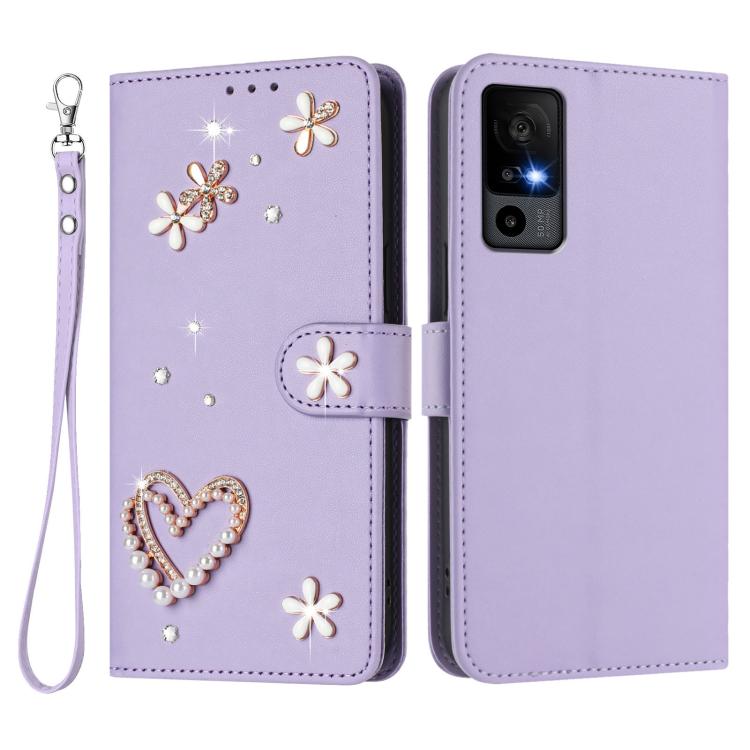 For TCL 40 R 5G / Sharp Aquos V6 ZS01 Double-Layer Heart Floral Vegan Leather Phone Case with Wrist Strap
