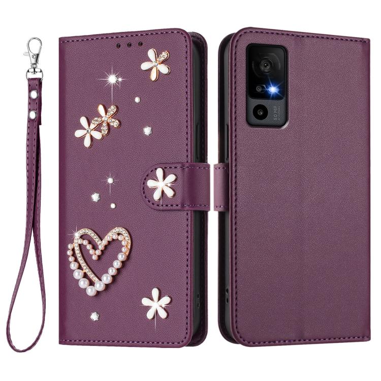 For TCL 40 R 5G / Sharp Aquos V6 ZS01 Double-Layer Heart Floral Vegan Leather Phone Case with Wrist Strap