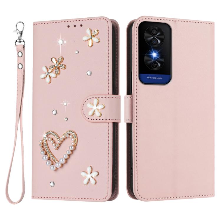 For TCL 50 5G / 50 XE NxtPaper 5G ZS01 Double-Layer Heart Floral Vegan Leather Phone Case with Wrist Strap