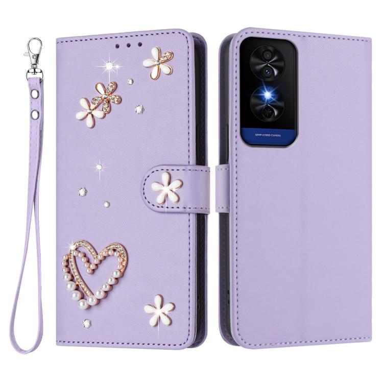 For TCL 50 5G / 50 XE NxtPaper 5G ZS01 Double-Layer Heart Floral Vegan Leather Phone Case with Wrist Strap