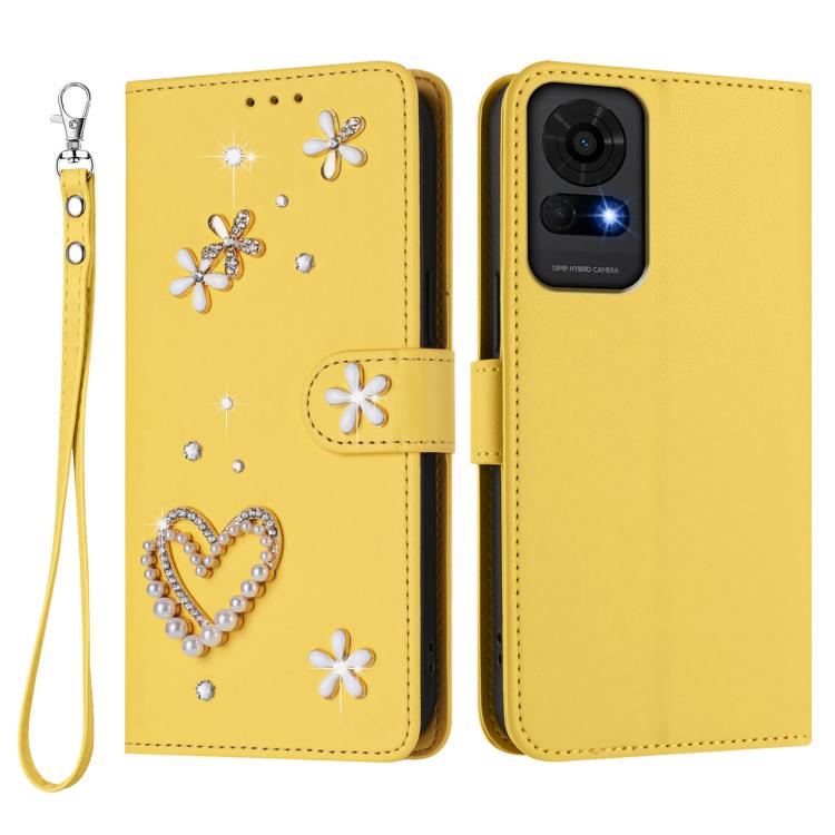 For TCL 50 LE 5G / K23 / K24 ZS01 Double-Layer Heart Floral Vegan Leather Phone Case with Wrist Strap