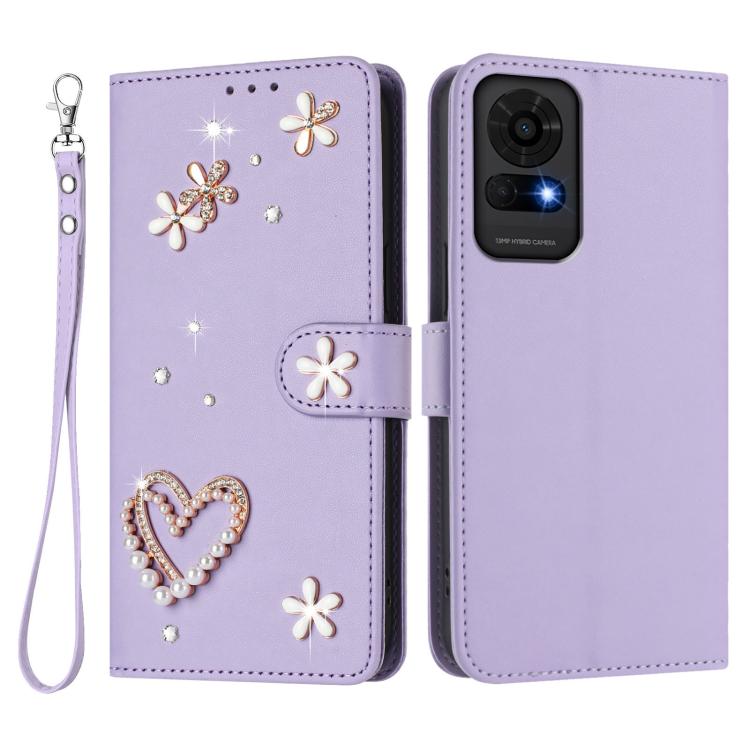 For TCL 50 LE 5G / K23 / K24 ZS01 Double-Layer Heart Floral Vegan Leather Phone Case with Wrist Strap