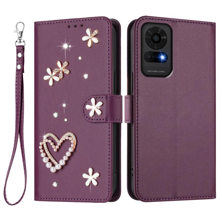 For TCL 50 LE 5G / K23 / K24 ZS01 Double-Layer Heart Floral Vegan Leather Phone Case with Wrist Strap