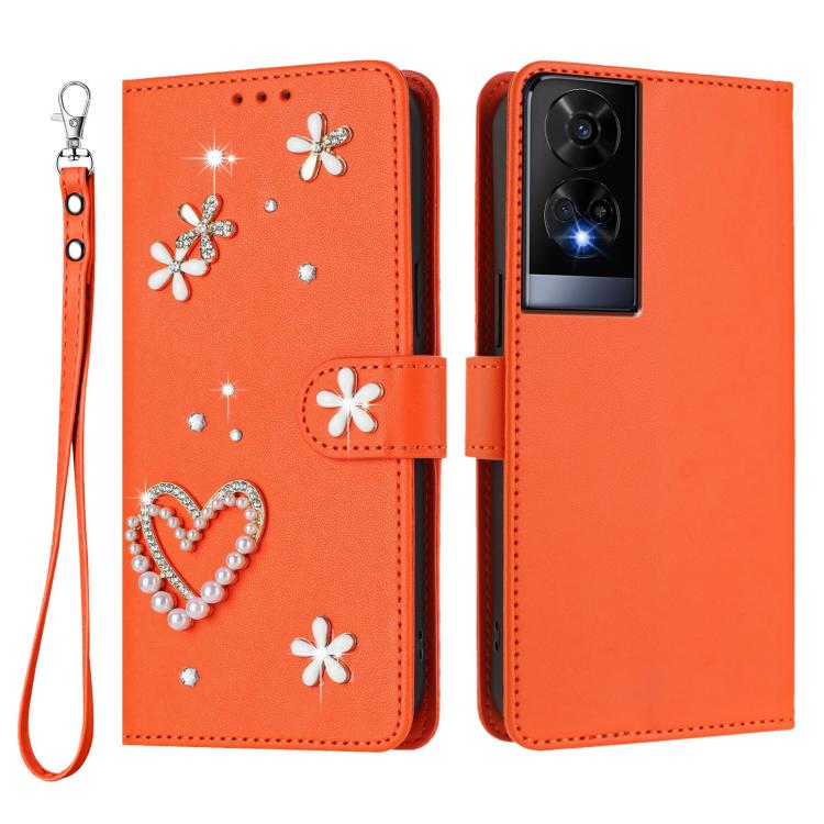 For TCL 50 XE ZS01 Double-Layer Heart Floral Vegan Leather Phone Case with Wrist Strap