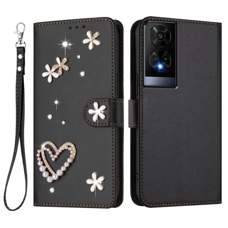 For TCL 50 XE ZS01 Double-Layer Heart Floral Vegan Leather Phone Case with Wrist Strap
