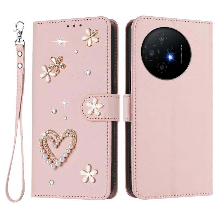 For TCL 50 XL / 50 XL NxtPaper 5G ZS01 Double-Layer Heart Floral Vegan Leather Phone Case with Wrist Strap