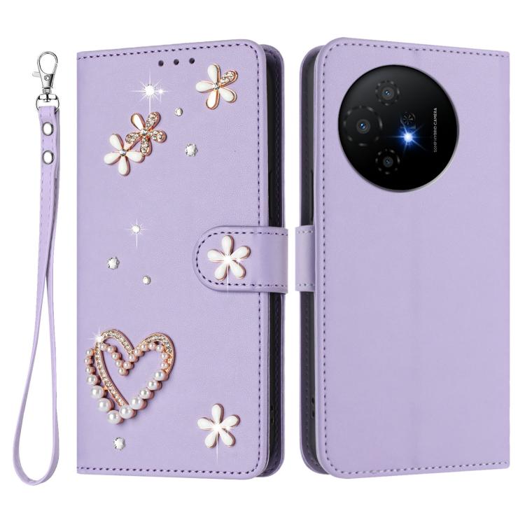 For TCL 50 XL / 50 XL NxtPaper 5G ZS01 Double-Layer Heart Floral Vegan Leather Phone Case with Wrist Strap