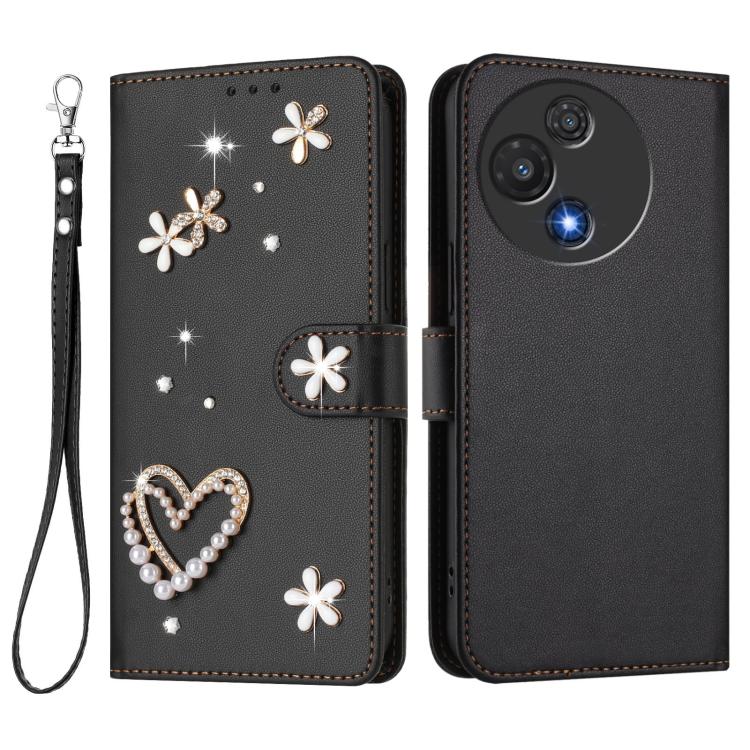 For TCL 60 5G ZS01 Double-Layer Heart Floral Vegan Leather Phone Case with Wrist Strap