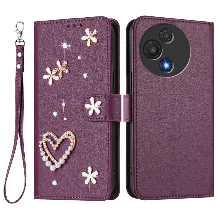 For TCL 60 5G ZS01 Double-Layer Heart Floral Vegan Leather Phone Case with Wrist Strap