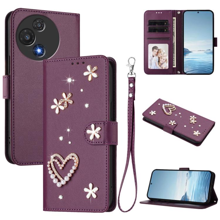 For TCL 60 5G ZS01 Double-Layer Heart Floral Vegan Leather Phone Case with Wrist Strap